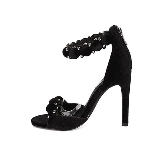 Black Velvet Pom Pom Heels - Picture 2 of 4